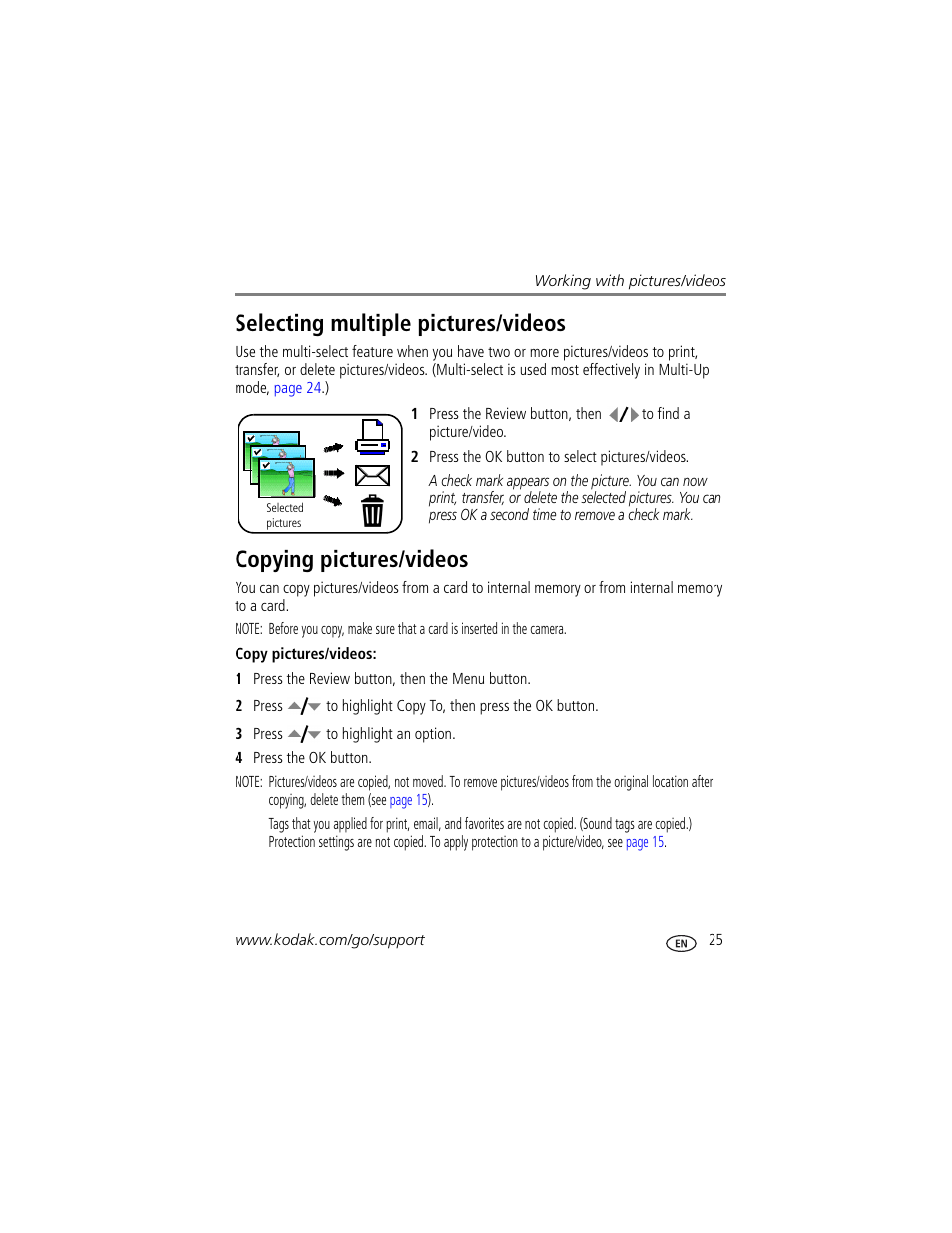 Copying pictures/videos, Selecting multiple pictures/videos | Kodak Z1275 User Manual | Page 31 / 79