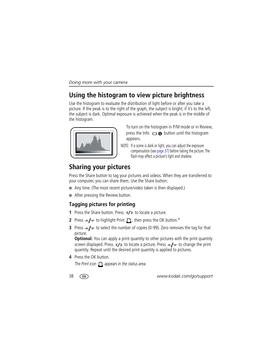 Sharing your pictures, Tagging pictures for printing, Using the histogram to view picture brightness | Kodak Z1275 User Manual | Page 44 / 79