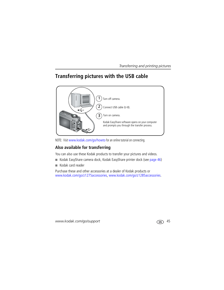 Also available for transferring, Transferring pictures with the usb cable | Kodak Z1275 User Manual | Page 51 / 79