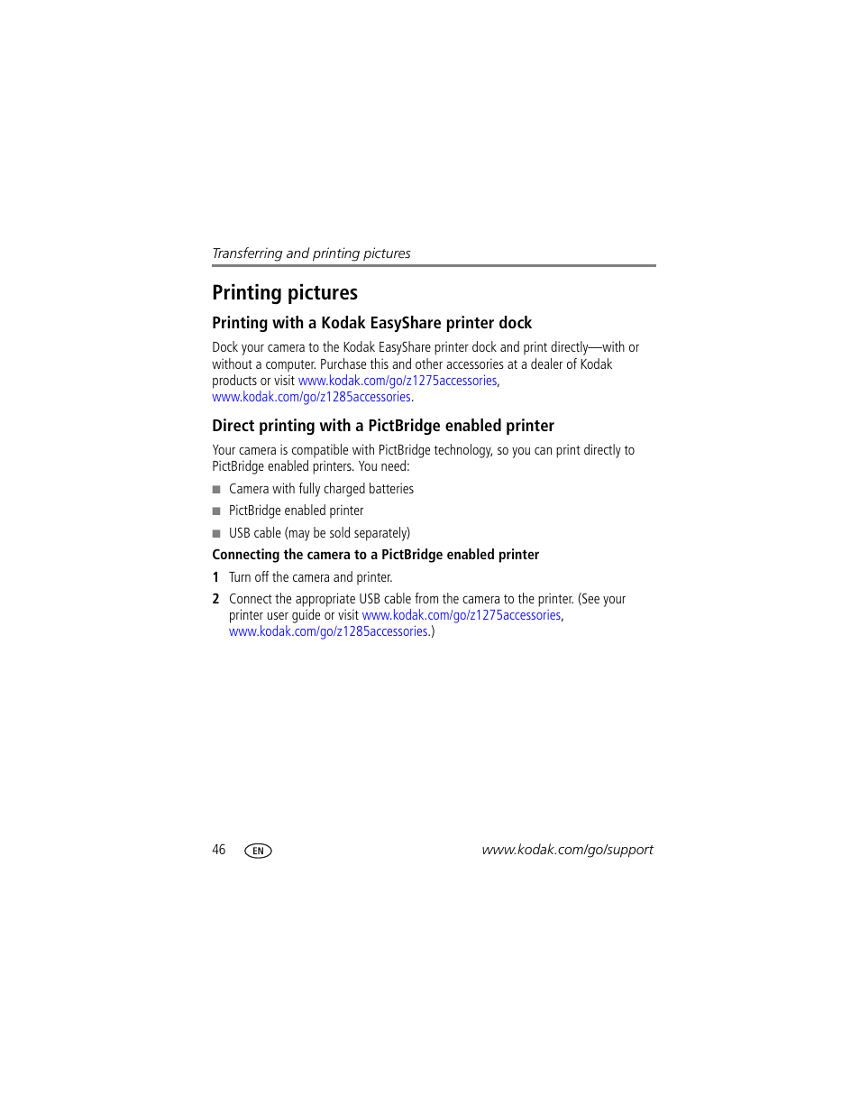 Printing with a kodak easyshare printer dock, Direct printing with a pictbridge enabled printer, Printing pictures | Kodak Z1275 User Manual | Page 52 / 79