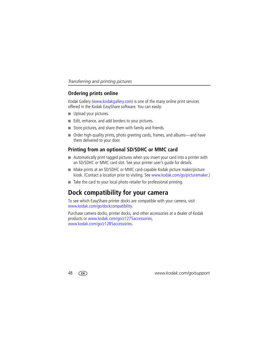Printing from an optional sd/sdhc or mmc card, Dock compatibility for your camera | Kodak Z1275 User Manual | Page 54 / 79