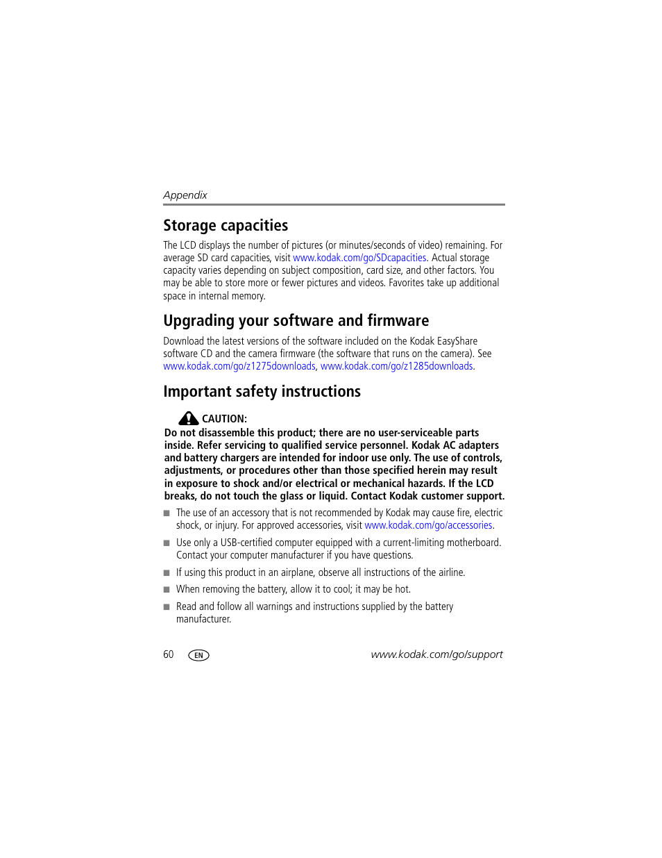 Upgrading your software and firmware, Important safety instructions, Storage capacities | Kodak Z1275 User Manual | Page 66 / 79