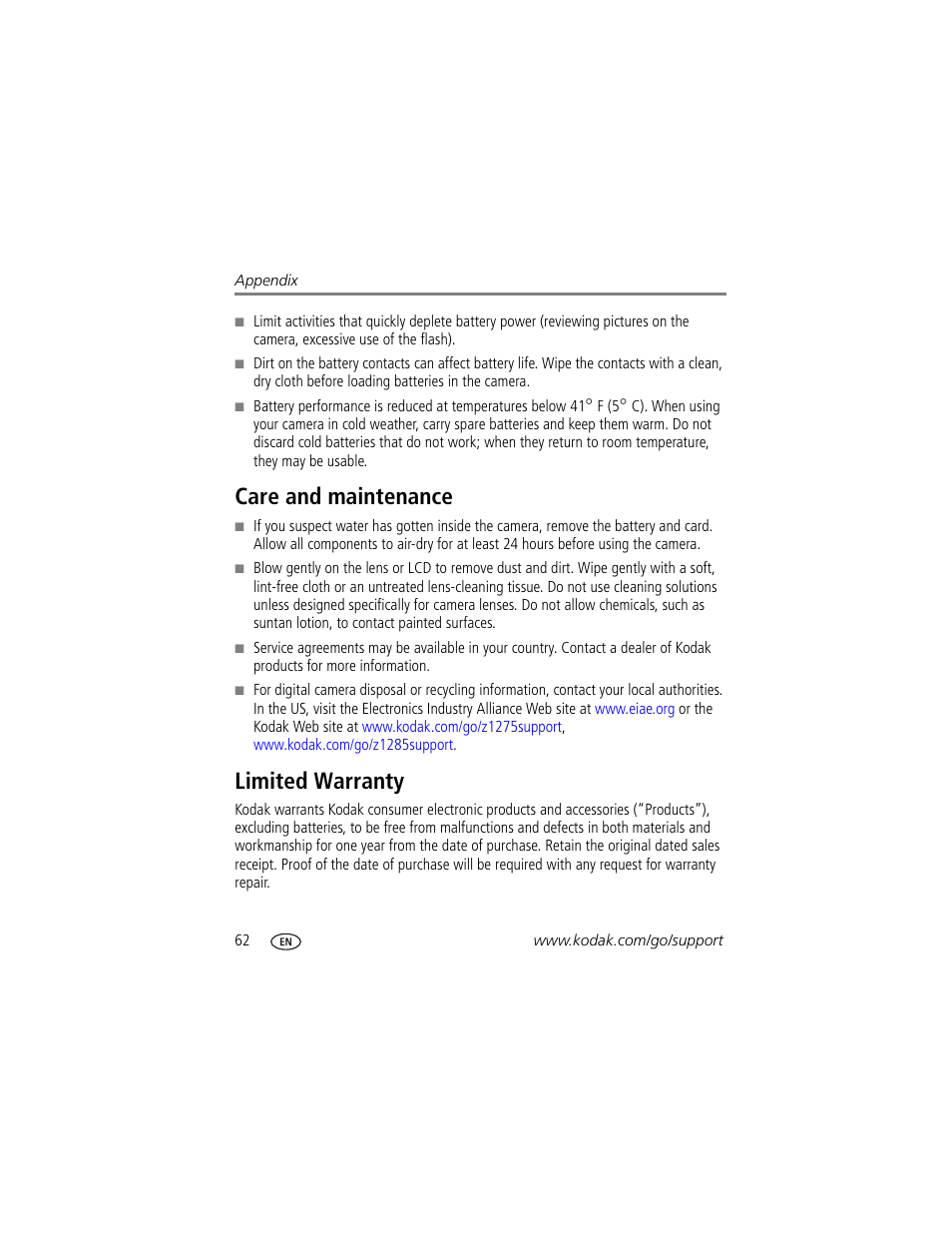 Care and maintenance, Limited warranty, Care and maintenance limited warranty | Kodak Z1275 User Manual | Page 68 / 79