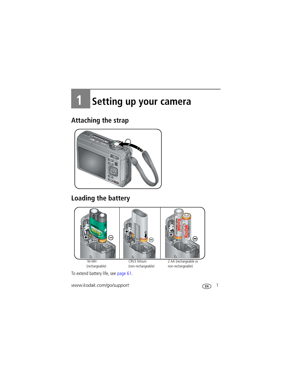 Setting up your camera, Attaching the strap, Loading the battery | 1 setting up your camera, Attaching the strap loading the battery | Kodak Z1275 User Manual | Page 7 / 79