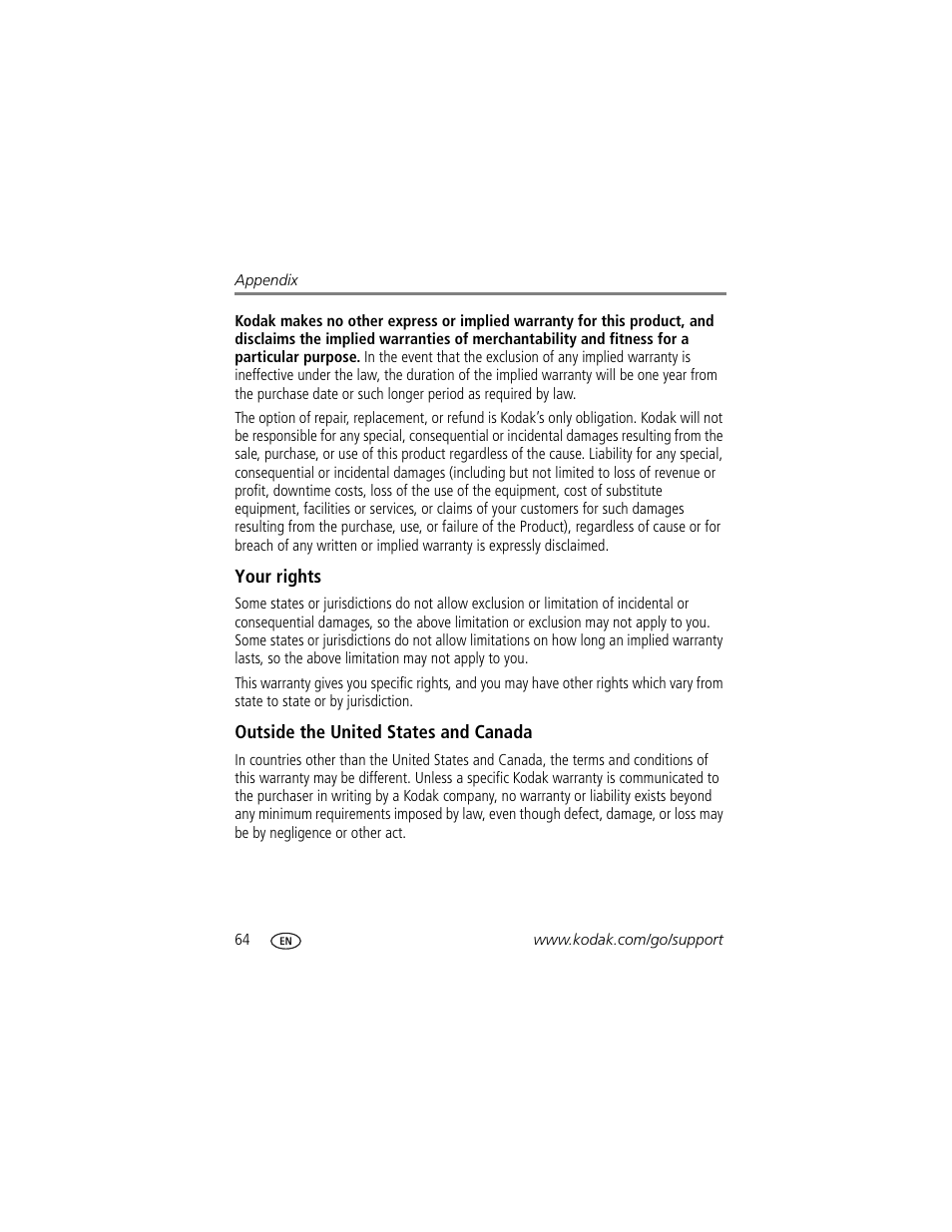 Your rights, Outside the united states and canada | Kodak Z1275 User Manual | Page 70 / 79