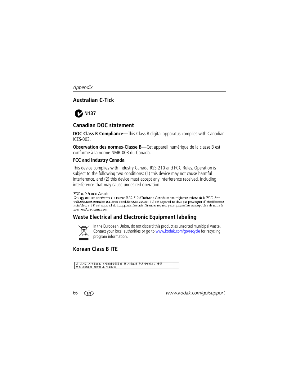 Australian c-tick, Canadian doc statement, Fcc and industry canada | Waste electrical and electronic equipment labeling, Korean class b ite | Kodak Z1275 User Manual | Page 72 / 79