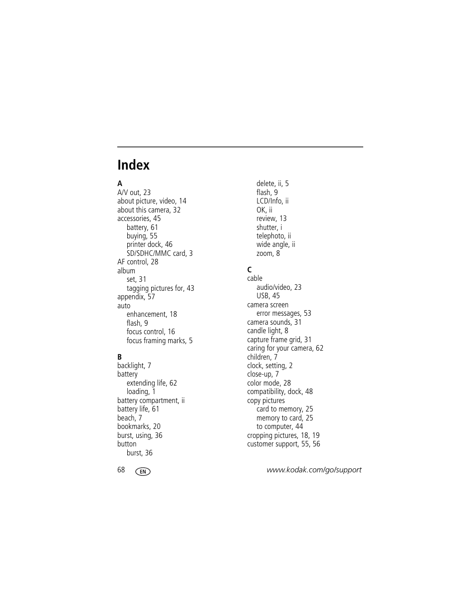 Index | Kodak Z1275 User Manual | Page 74 / 79