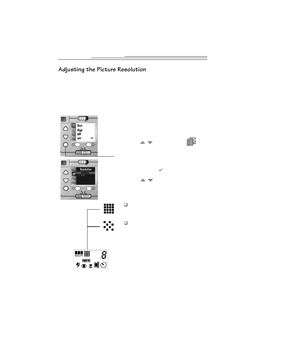 Adjusting the picture resolution | Kodak DC215 User Manual | Page 26 / 78