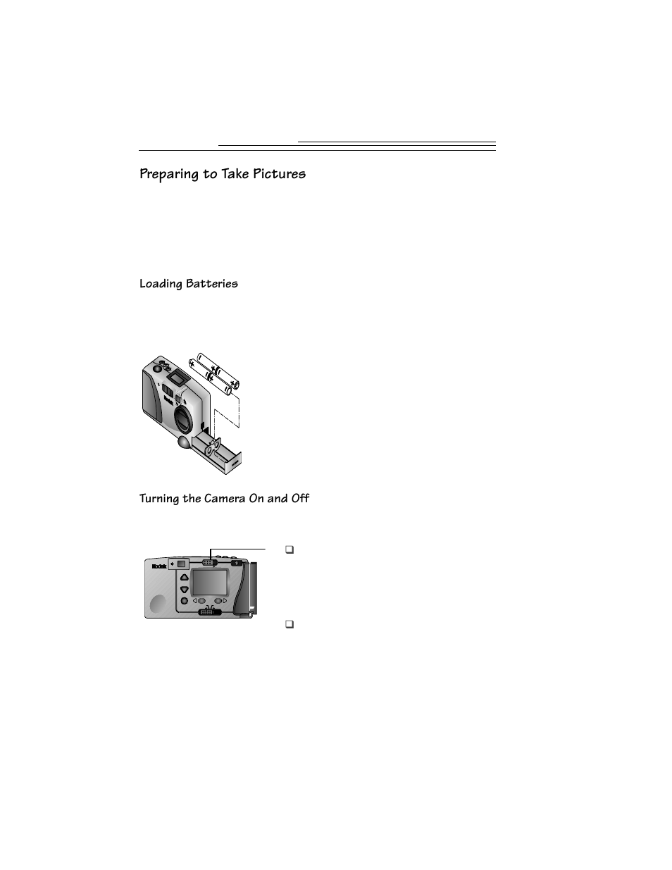 Preparing to take pictures, Loading batteries, Turning the camera on and off | Kodak DC215 User Manual | Page 8 / 78