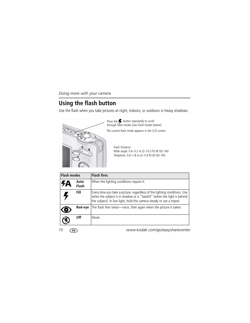 Using the flash button | Kodak C1013 User Manual | Page 10 / 27