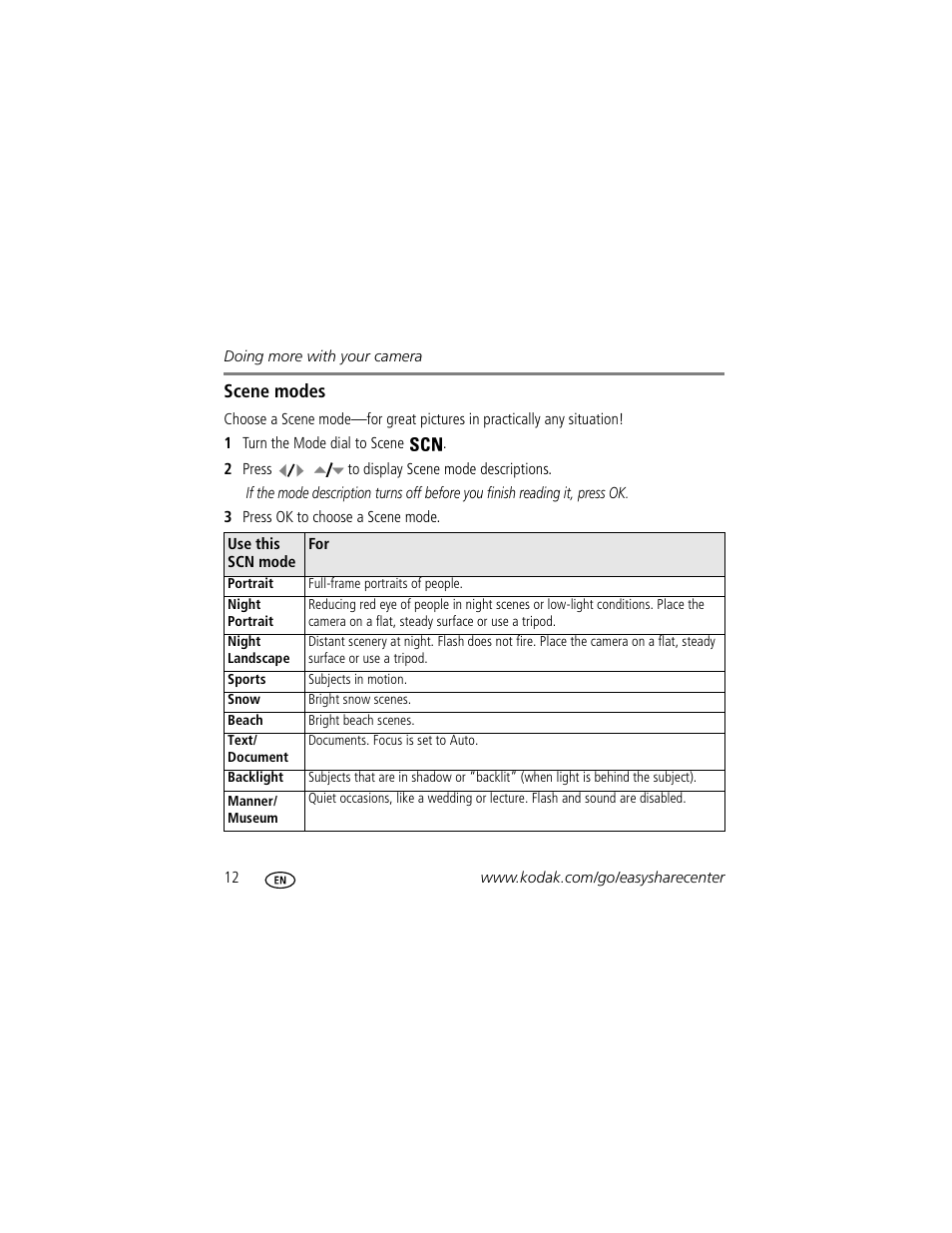 Scene modes | Kodak C1013 User Manual | Page 12 / 27