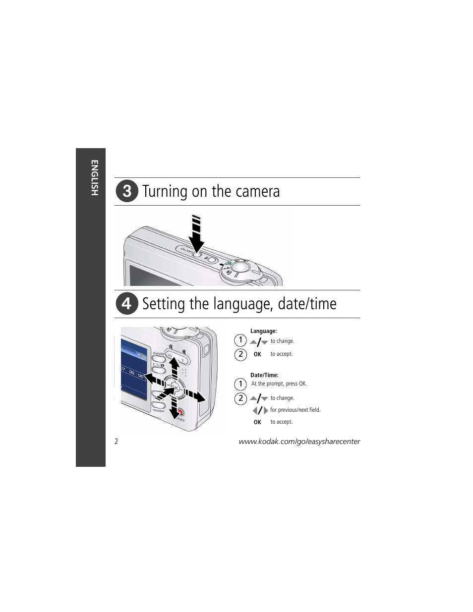 Turning on the camera, Setting the language, date/time | Kodak C1013 User Manual | Page 2 / 27