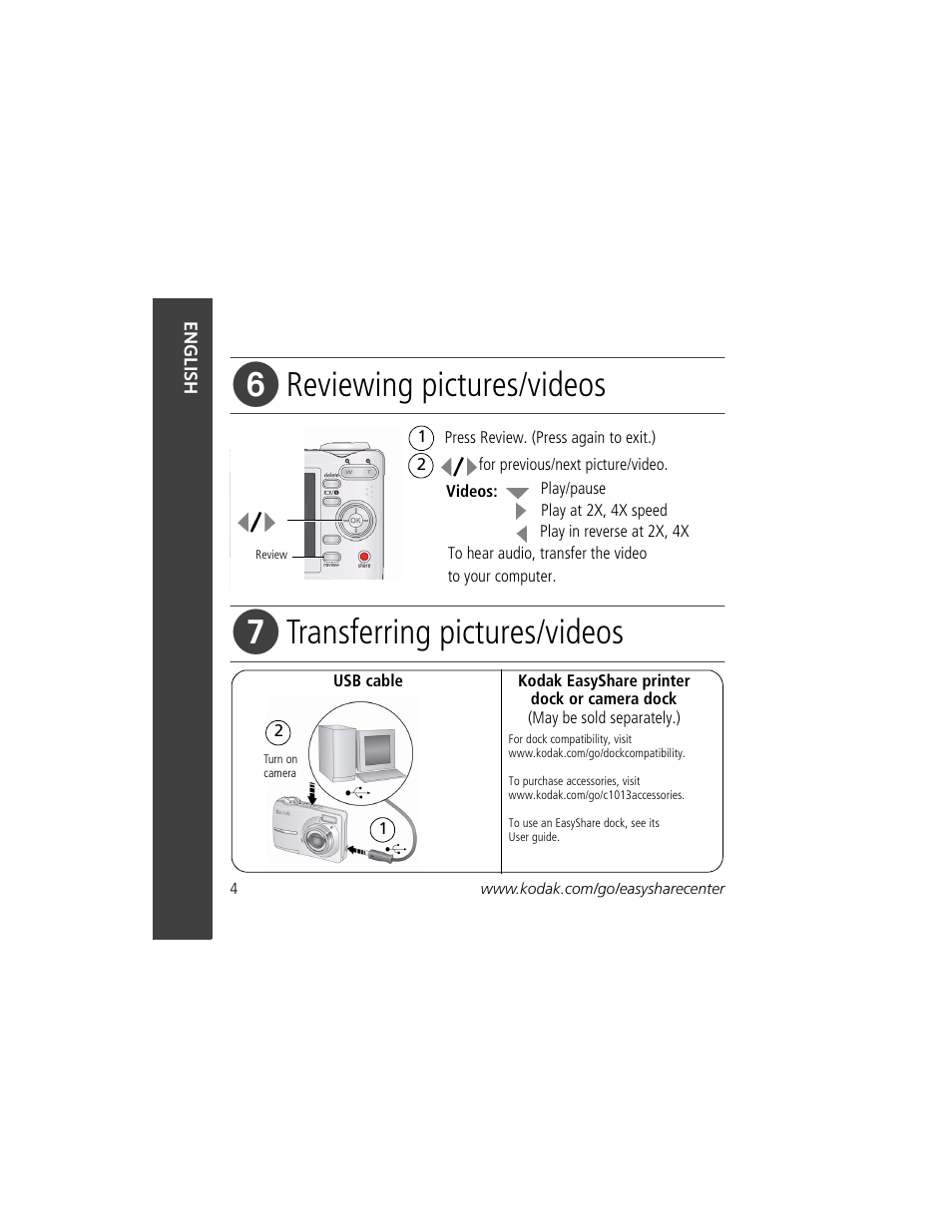 Reviewing pictures/videos, Transferring pictures/videos | Kodak C1013 User Manual | Page 4 / 27