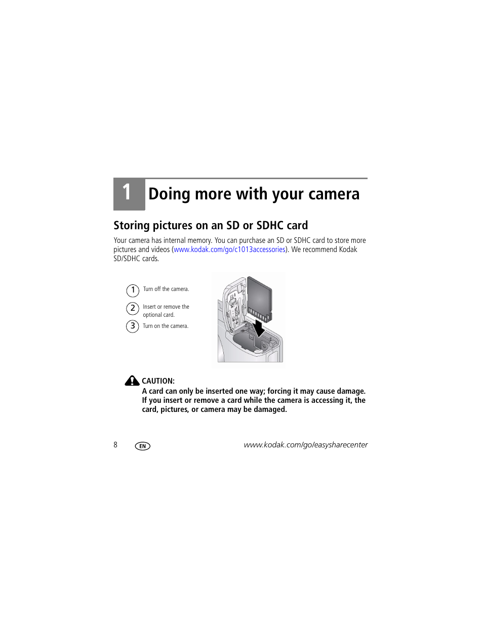 Doing more with your camera, Storing pictures on an sd or sdhc card | Kodak C1013 User Manual | Page 8 / 27