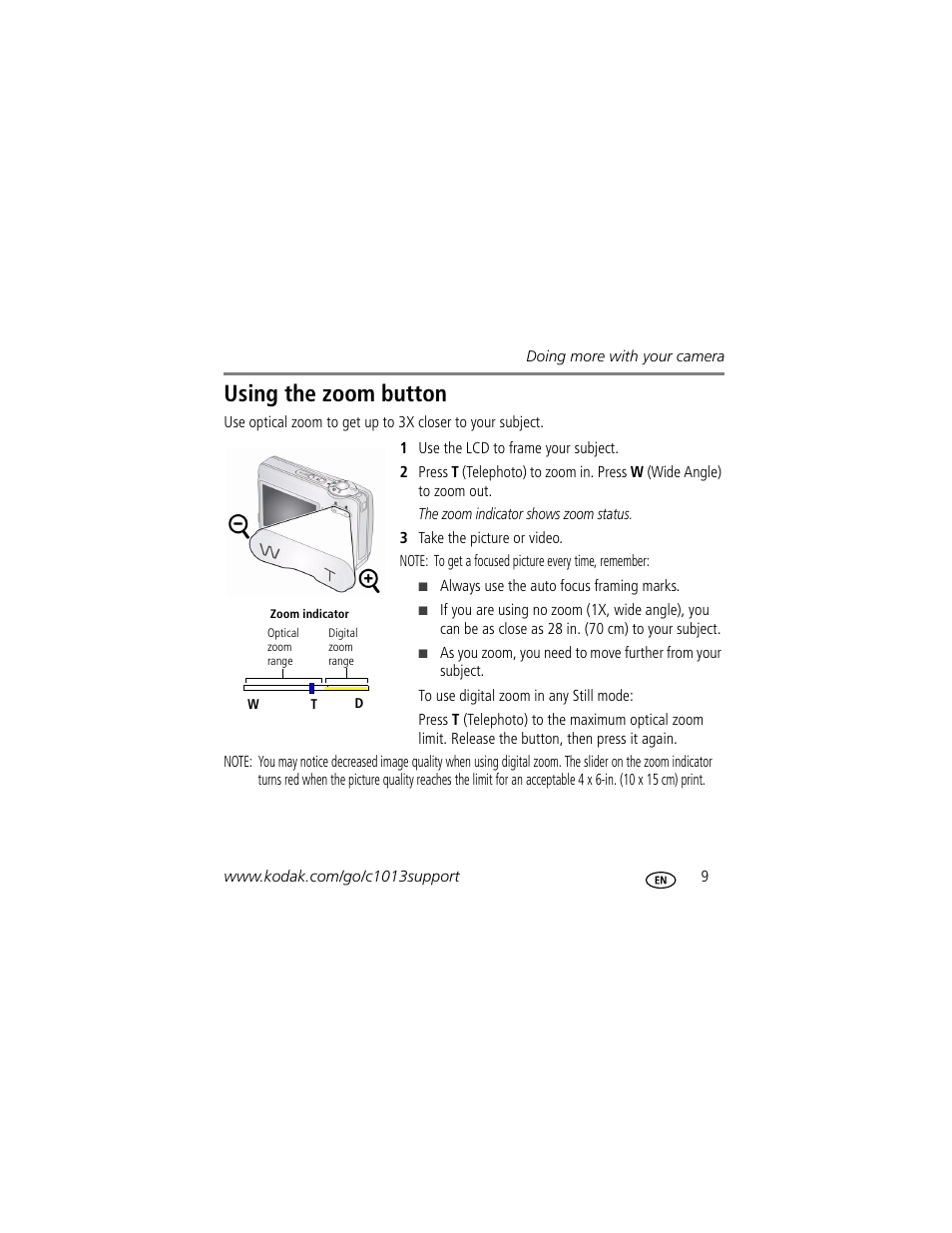 Using the zoom button | Kodak C1013 User Manual | Page 9 / 27