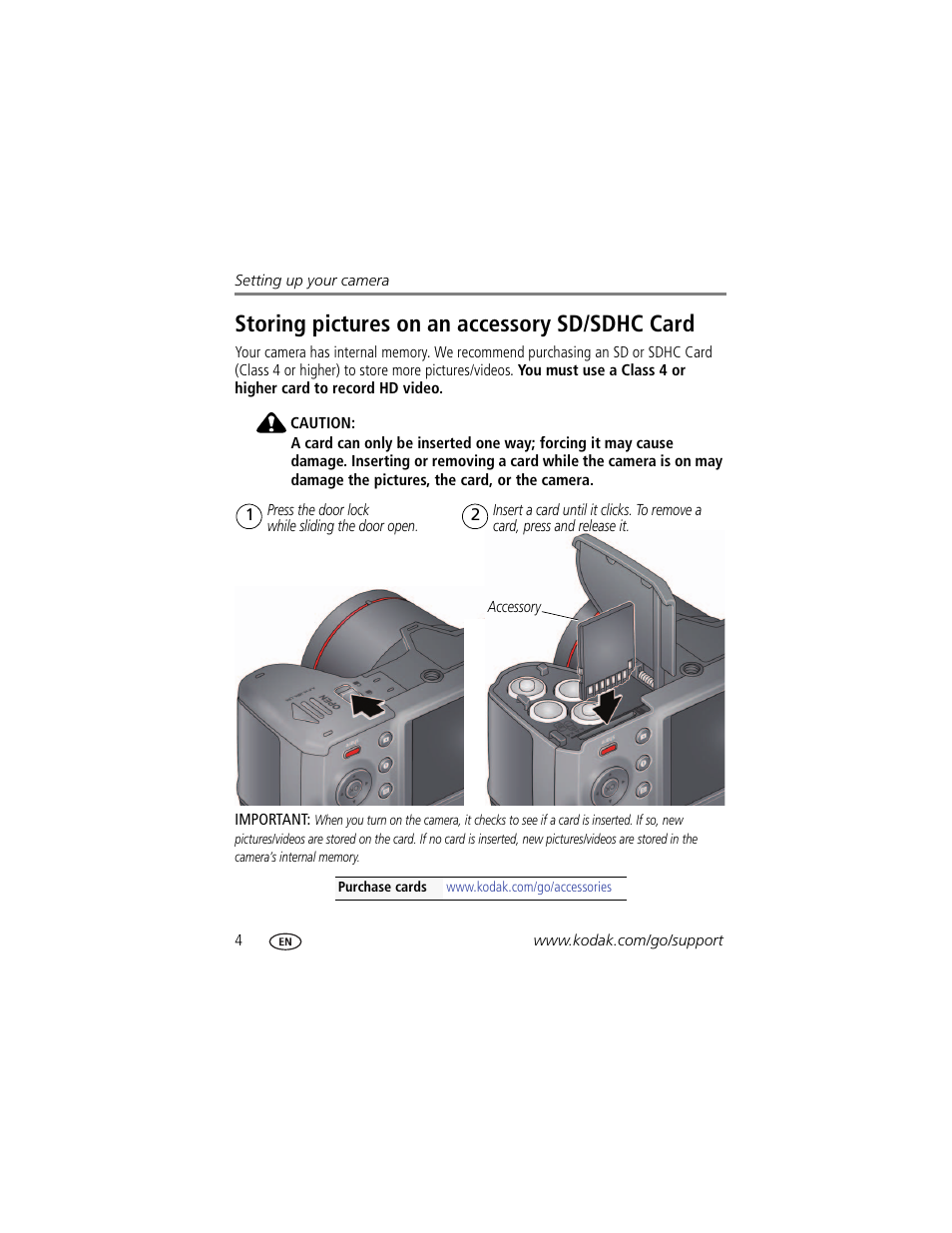 Storing pictures on an accessory sd/sdhc card | Kodak Z5010 User Manual | Page 12 / 70