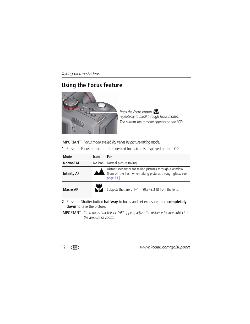 Using the focus feature | Kodak Z5010 User Manual | Page 20 / 70