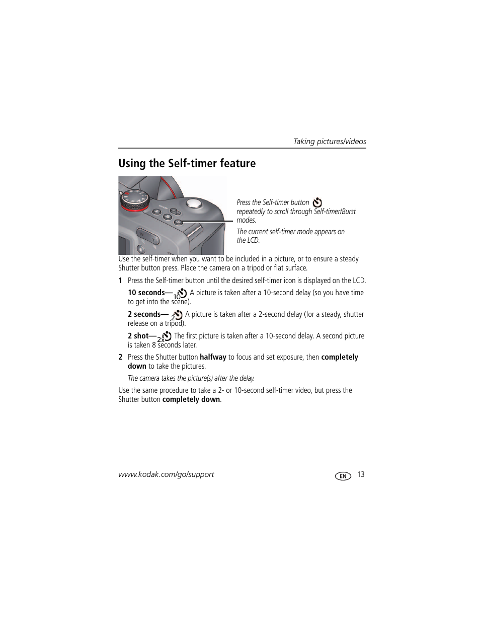 Using the self-timer feature | Kodak Z5010 User Manual | Page 21 / 70
