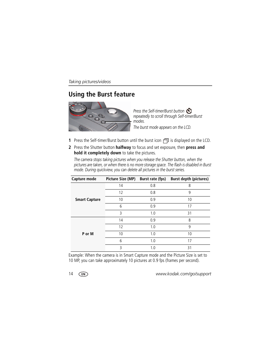 Using the burst feature | Kodak Z5010 User Manual | Page 22 / 70