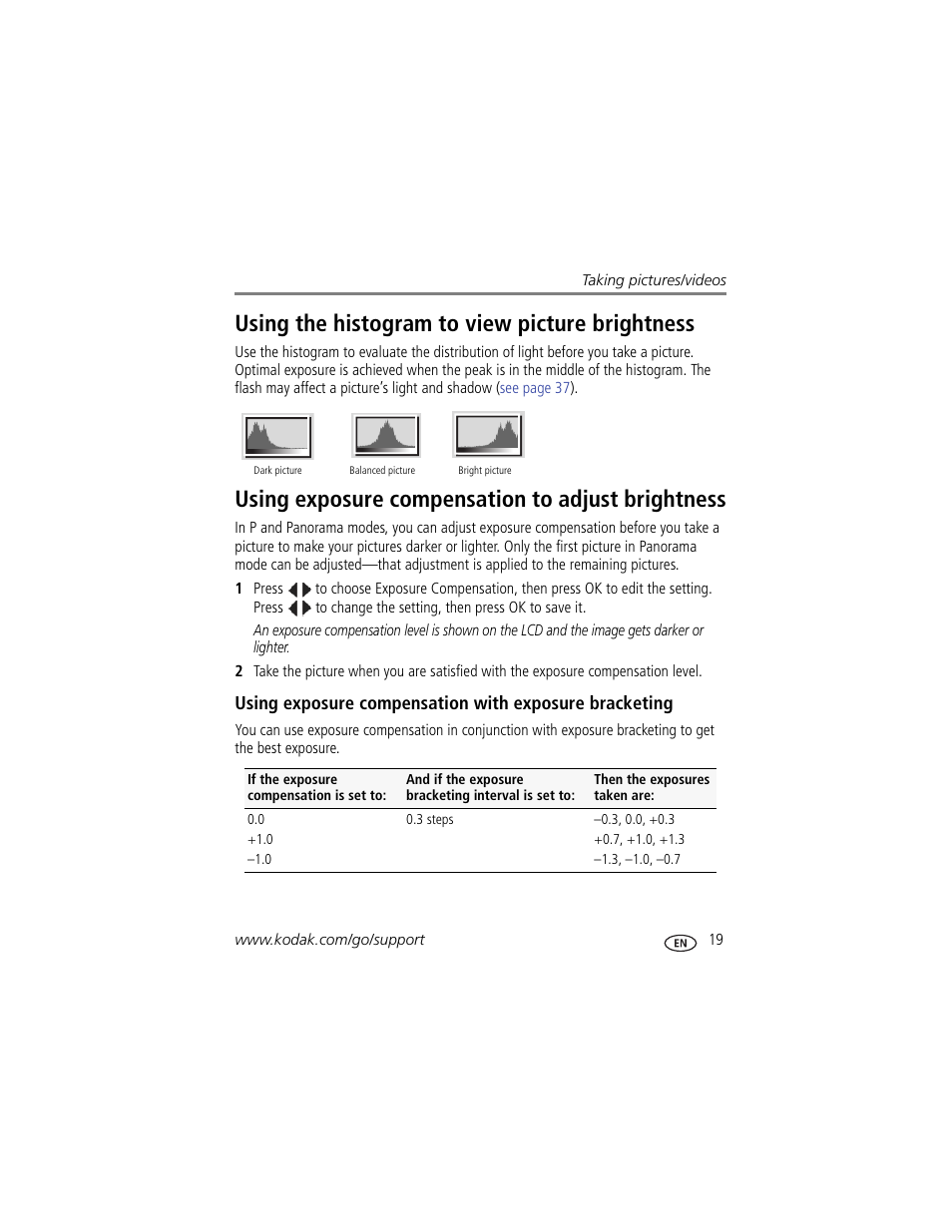 Using exposure compensation to adjust brightness, Using the histogram to view picture brightness | Kodak Z5010 User Manual | Page 27 / 70