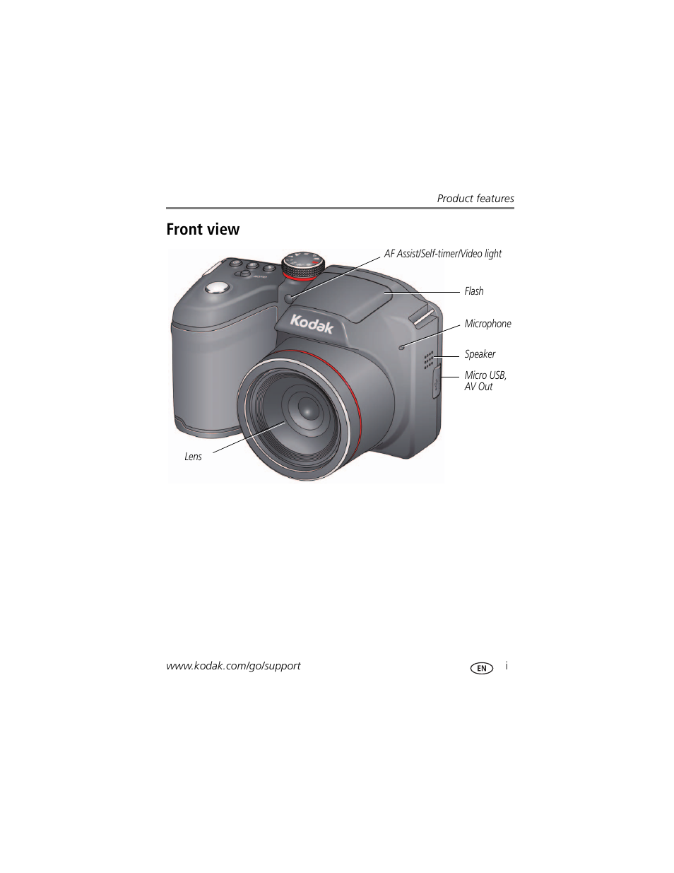 Product features, Front view | Kodak Z5010 User Manual | Page 3 / 70