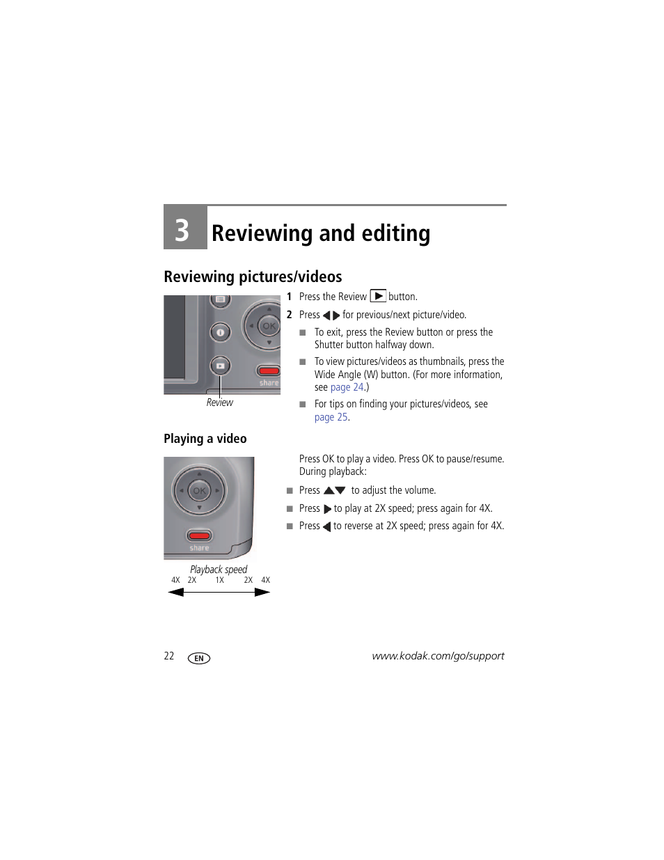 Reviewing and editing, Reviewing pictures/videos, Playing a video | 3 reviewing and editing | Kodak Z5010 User Manual | Page 30 / 70