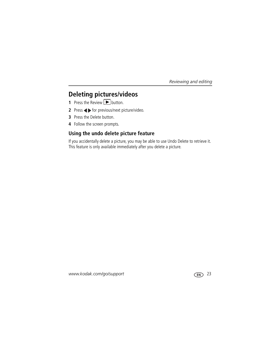 Using the undo delete picture feature, Deleting pictures/videos | Kodak Z5010 User Manual | Page 31 / 70