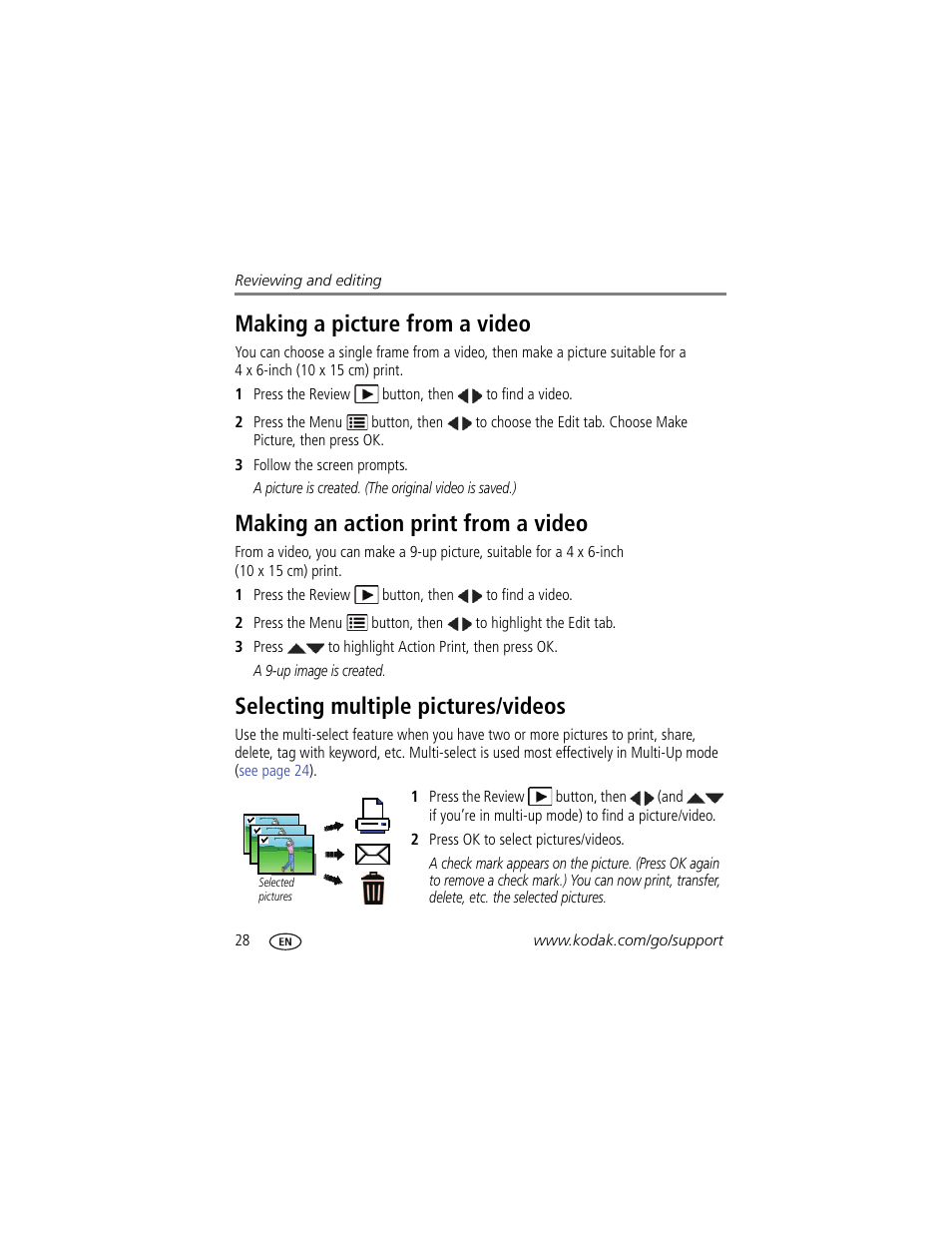 Making an action print from a video, Selecting multiple pictures/videos, Making a picture from a video | Kodak Z5010 User Manual | Page 36 / 70