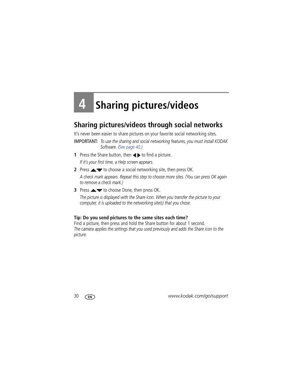 Sharing pictures/videos, Sharing pictures/videos through social networks, 4 sharing pictures/videos | Kodak Z5010 User Manual | Page 38 / 70