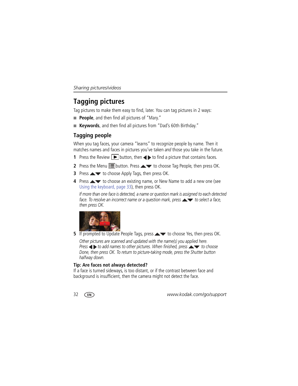 Tagging people, Tagging pictures | Kodak Z5010 User Manual | Page 40 / 70