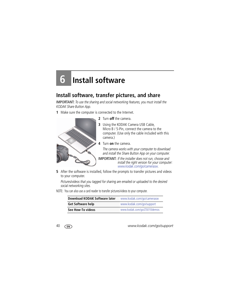 Install software, Install software, transfer pictures, and share, 6 install software | Kodak Z5010 User Manual | Page 48 / 70