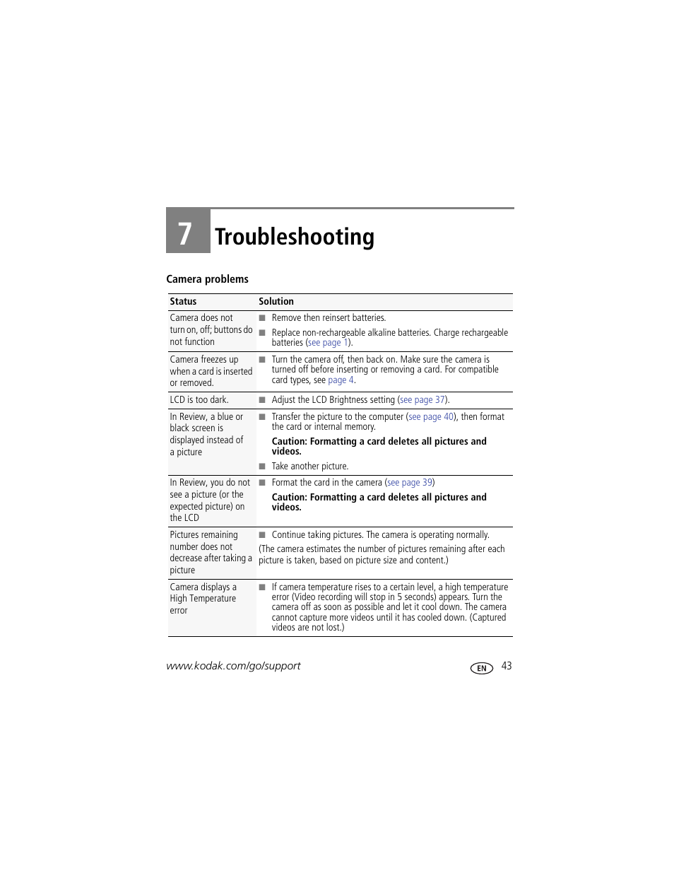 Troubleshooting, 7 troubleshooting | Kodak Z5010 User Manual | Page 51 / 70