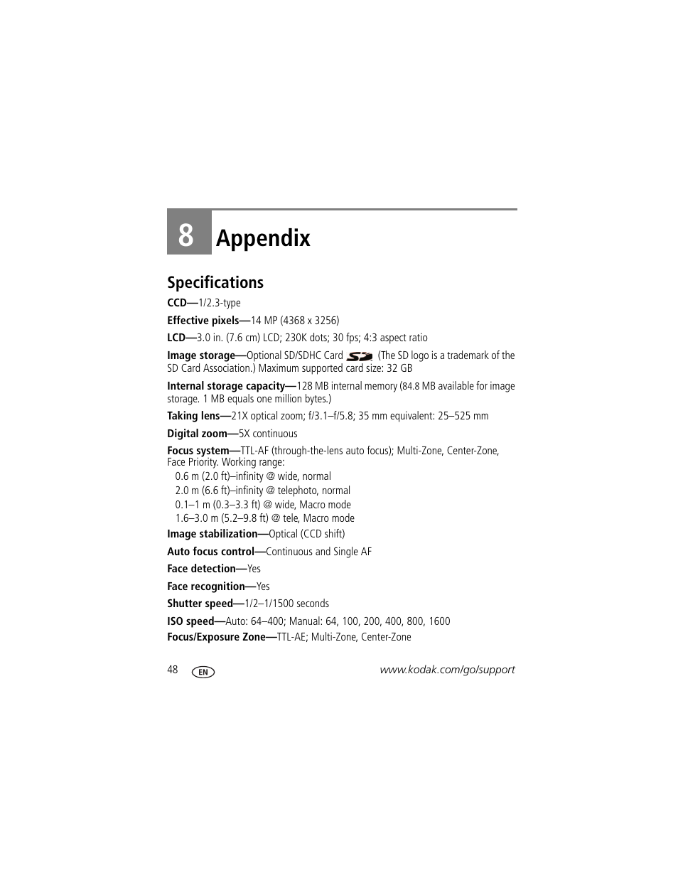 Appendix, Specifications, 8 appendix | Kodak Z5010 User Manual | Page 56 / 70