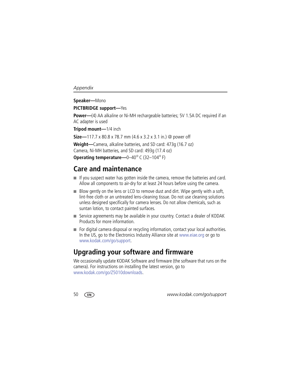 Care and maintenance, Upgrading your software and firmware, The lens | Kodak Z5010 User Manual | Page 58 / 70