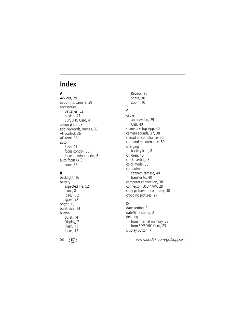 Index | Kodak Z5010 User Manual | Page 66 / 70