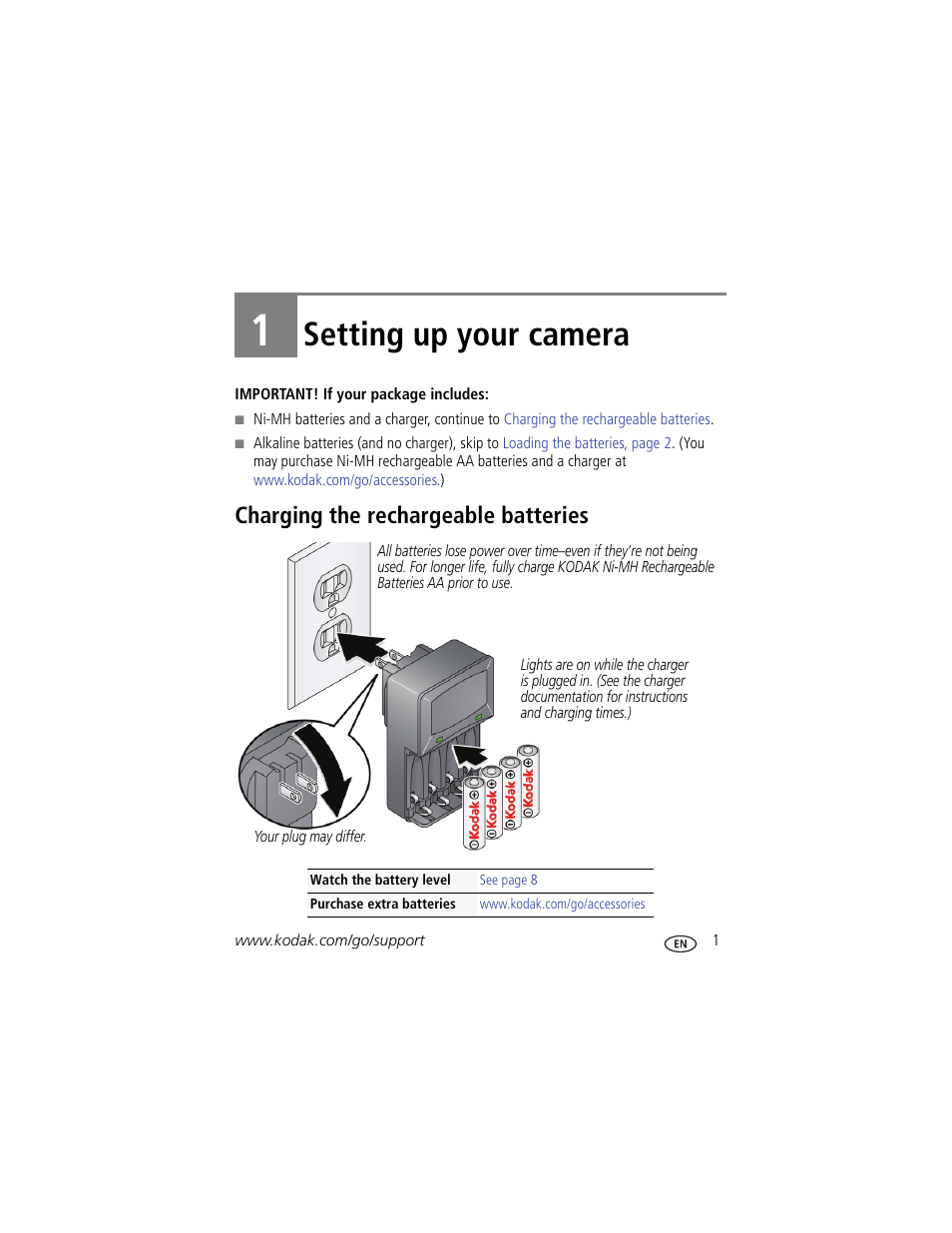 Setting up your camera, Charging the rechargeable batteries, 1 setting up your camera | Kodak Z5010 User Manual | Page 9 / 70