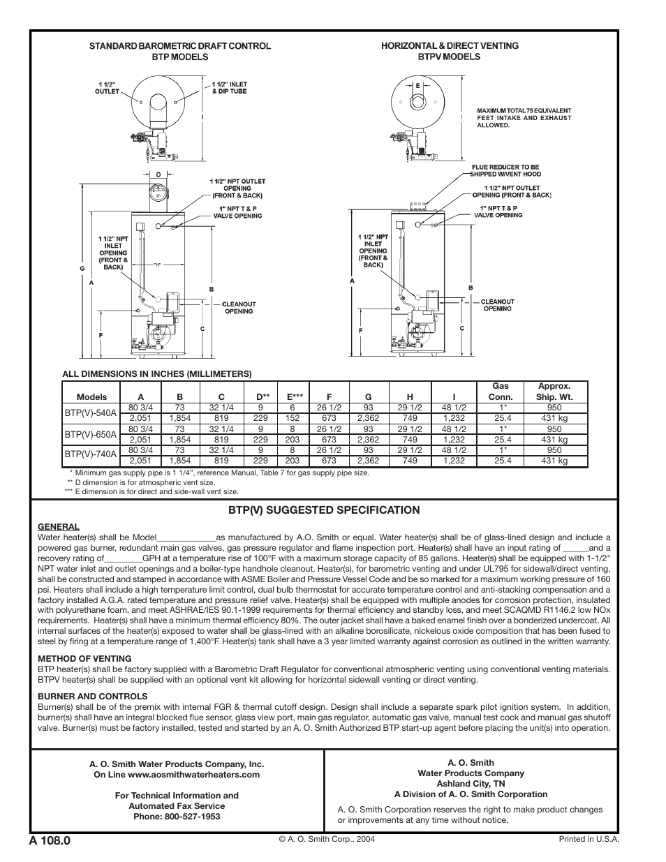 A 108.0 | A.O. Smith BTP-650A User Manual | Page 2 / 2