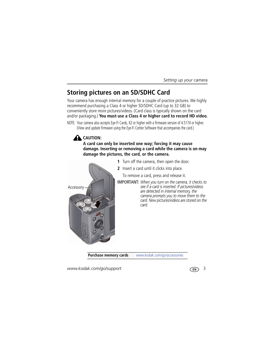 Storing pictures on an sd/sdhc card | Kodak Z5120 User Manual | Page 11 / 80