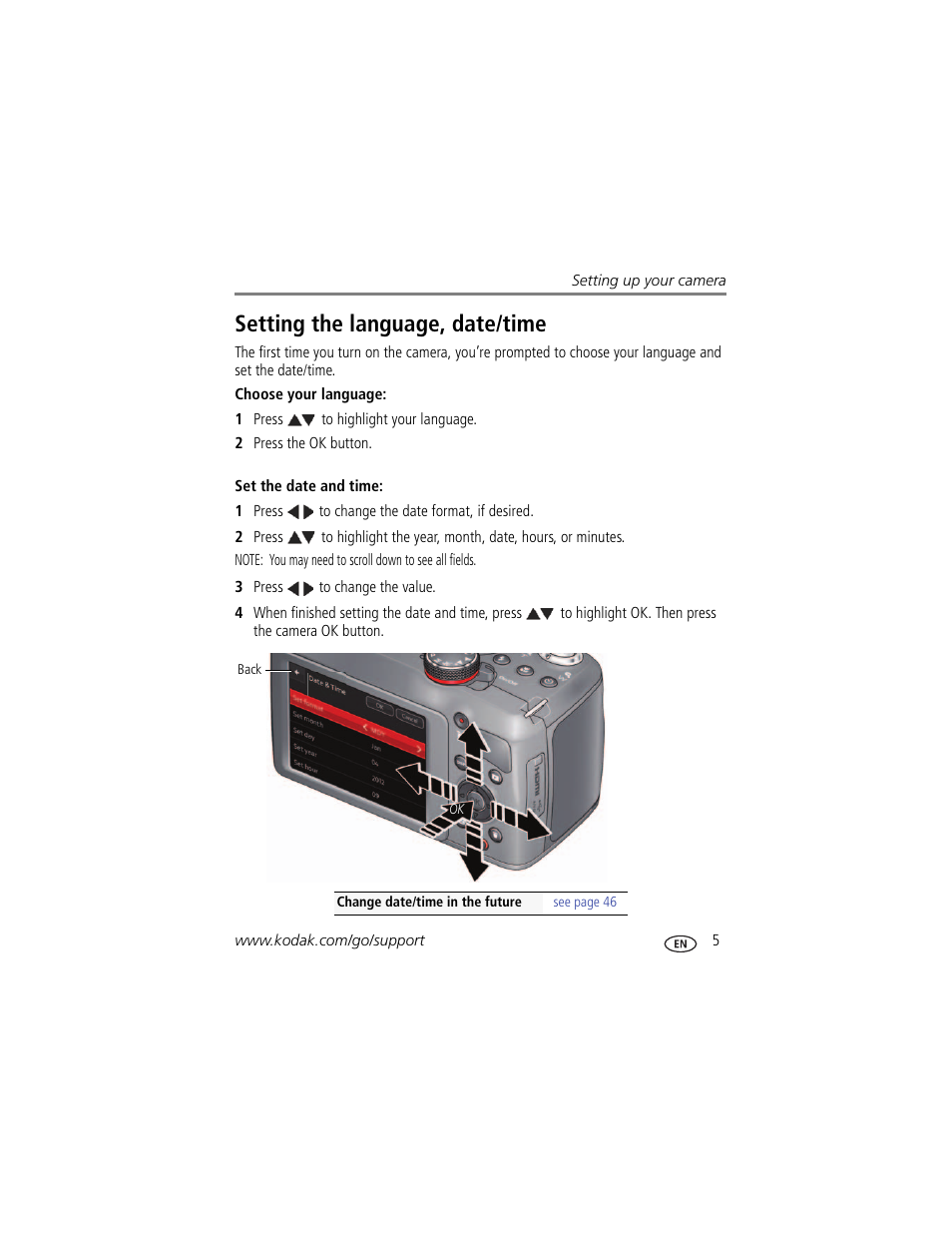 Setting the language, date/time | Kodak Z5120 User Manual | Page 13 / 80