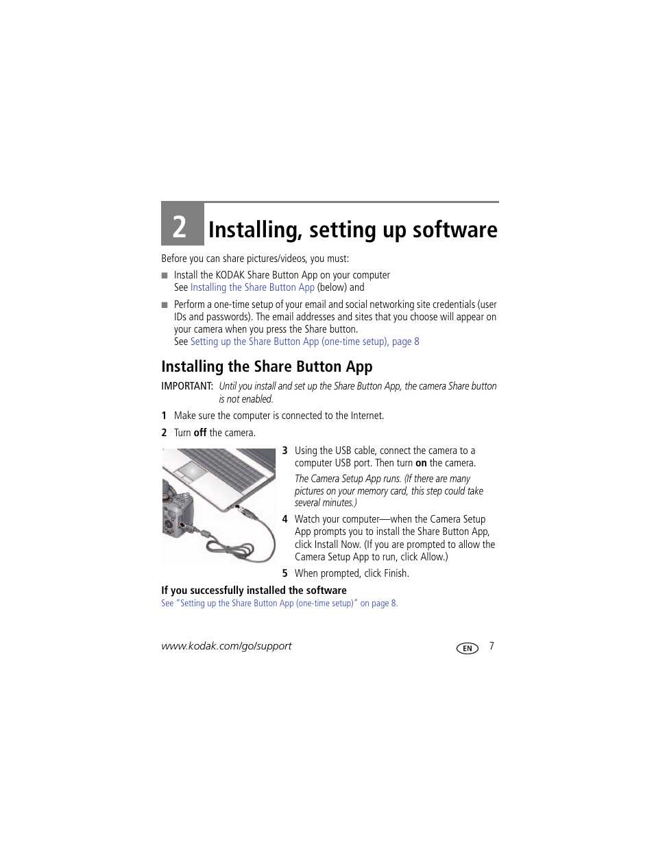 Installing, setting up software, Installing the share button app, 2 installing, setting up software | Kodak Z5120 User Manual | Page 15 / 80