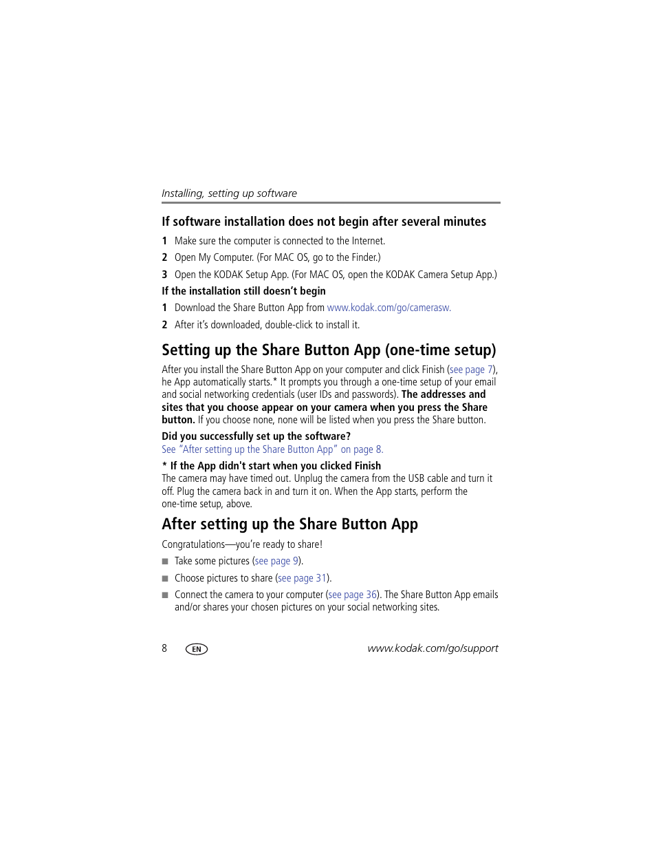 Setting up the share button app (one-time setup), After setting up the share button app | Kodak Z5120 User Manual | Page 16 / 80