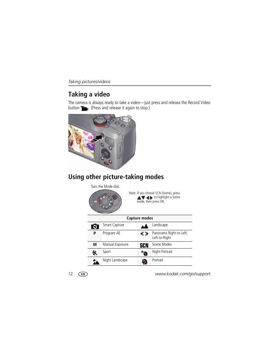 Using other picture-taking modes, Taking a video using other picture-taking modes, Taking a video | Kodak Z5120 User Manual | Page 20 / 80