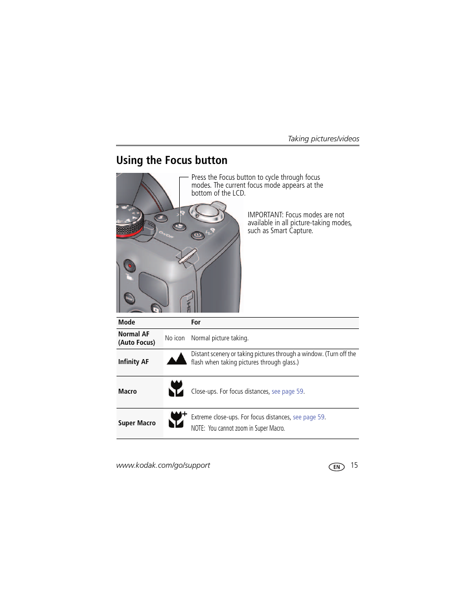 Using the focus button | Kodak Z5120 User Manual | Page 23 / 80