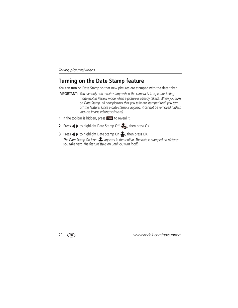 Turning on the date stamp feature | Kodak Z5120 User Manual | Page 28 / 80