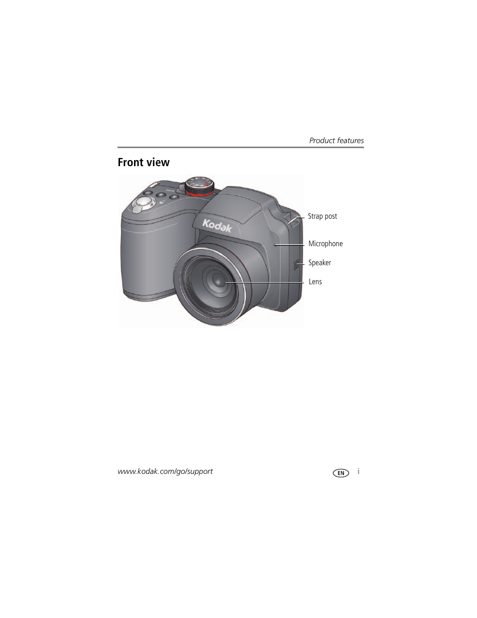 Product features, Front view | Kodak Z5120 User Manual | Page 3 / 80