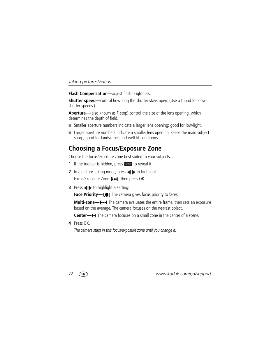 Choosing a focus/exposure zone | Kodak Z5120 User Manual | Page 30 / 80