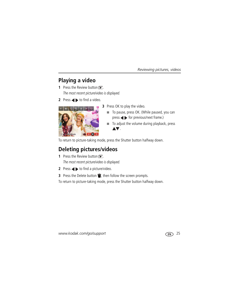 Deleting pictures/videos, Playing a video deleting pictures/videos, Playing a video | Kodak Z5120 User Manual | Page 33 / 80