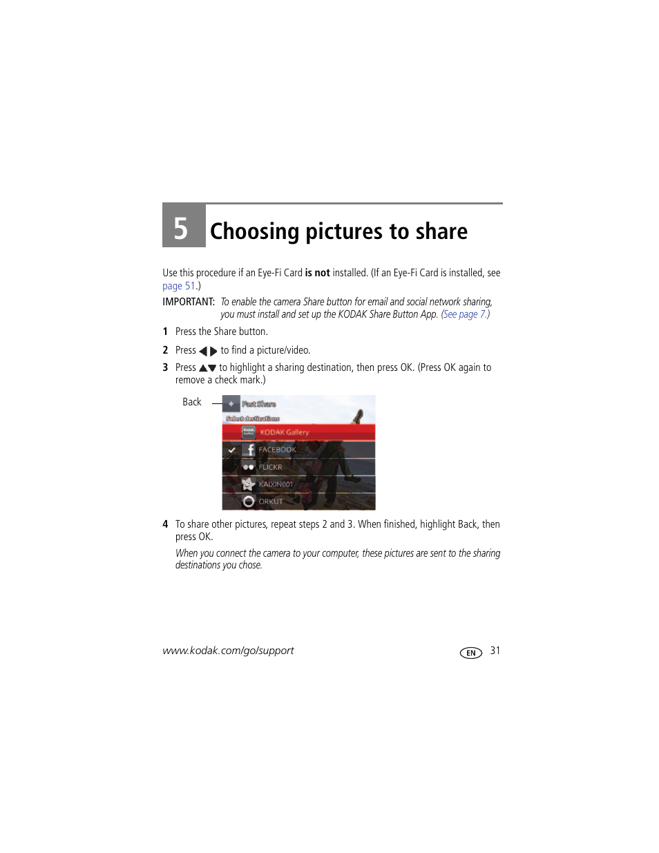 Choosing pictures to share, 5 choosing pictures to share, Share | Kodak Z5120 User Manual | Page 39 / 80