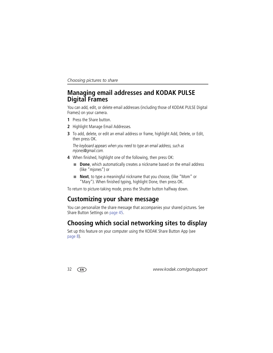 Customizing your share message, Choosing which social networking sites to display | Kodak Z5120 User Manual | Page 40 / 80