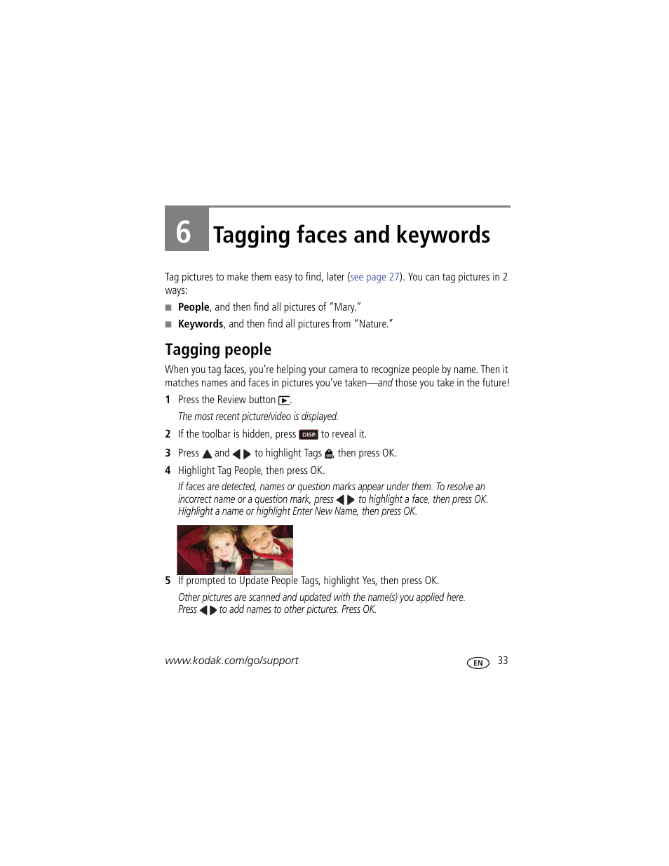Tagging faces and keywords, Tagging people, 6 tagging faces and keywords | Kodak Z5120 User Manual | Page 41 / 80